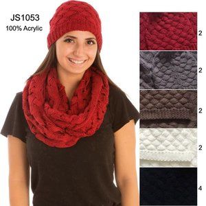WOMENS RED LIGHT WEIGHT KNITTED BEANIE & INFINITY SCARF SET - SZ: OS
